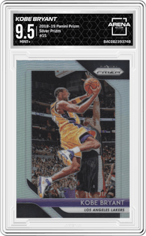 Kobe Bryant from the 2018-19 Panini Prizm set featuring a Silver Prizm parallel graded by Arena Club and given an overall grade of 9.5.