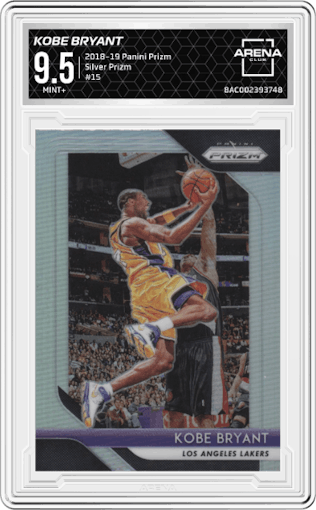 Kobe Bryant from the 2018-19 Panini Prizm set featuring a Silver Prizm parallel graded by Arena Club and given an overall grade of 9.5.