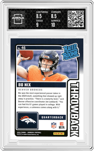 Bo Nix from the 2024 Donruss set featuring a Studio Series parallel graded by Arena Club and given an overall grade of 9.
