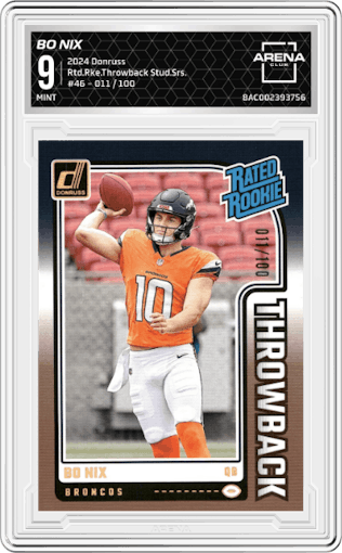 Bo Nix from the 2024 Donruss set featuring a Studio Series parallel graded by Arena Club and given an overall grade of 9.