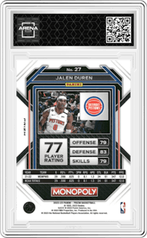 Jalen Duren from the 2022-23 Panini Prizm Monopoly set featuring a White Sparkle Prizm parallel graded by Arena Club and given an overall grade of 0.