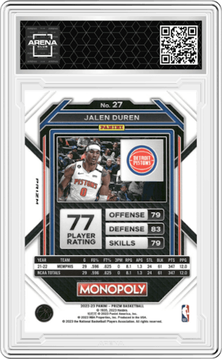 Jalen Duren from the 2022-23 Panini Prizm Monopoly set featuring a White Sparkle Prizm parallel graded by Arena Club.