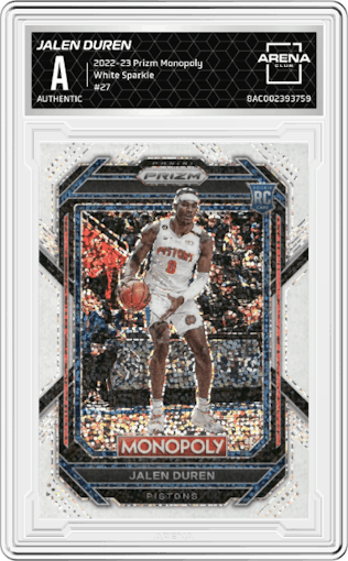 Jalen Duren from the 2022-23 Panini Prizm Monopoly set featuring a White Sparkle Prizm parallel graded by Arena Club.