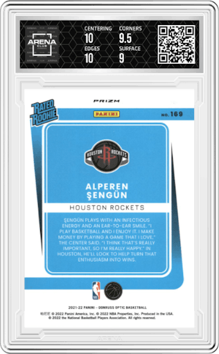 Alperen Sengun from the 2021-22 Panini Donruss Optic set featuring a Checkerboard parallel graded by Arena Club and given an overall grade of 9.5.