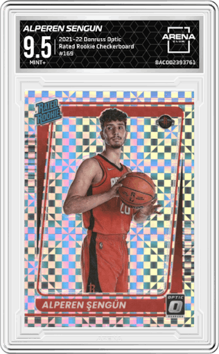 Alperen Sengun from the 2021-22 Panini Donruss Optic set featuring a Checkerboard parallel graded by Arena Club and given an overall grade of 9.5.