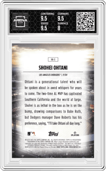 Shohei Ohtani from the 2025 Topps set graded by Arena Club and given an overall grade of 8.5.