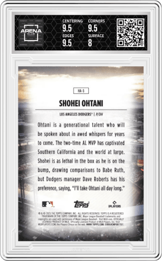 Shohei Ohtani from the 2025 Topps set graded by Arena Club and given an overall grade of 8.5.