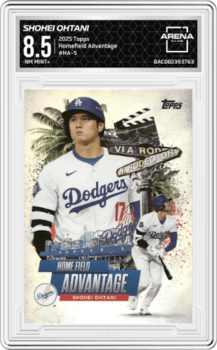 Shohei Ohtani from the 2025 Topps set graded by Arena Club and given an overall grade of 8.5.