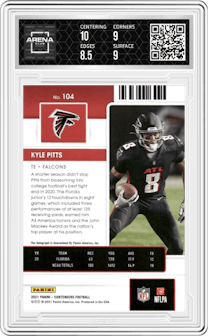 Kyle Pitts from the 2021 Panini Contenders   set graded by Arena Club and given an overall grade of 9.