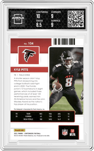 Kyle Pitts from the 2021 Panini Contenders   set graded by Arena Club and given an overall grade of 9.