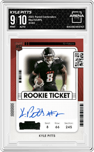 Kyle Pitts from the 2021 Panini Contenders   set graded by Arena Club and given an overall grade of 9.