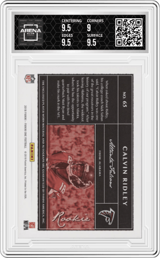 Calvin Ridley from the 2018 Panini One set featuring a Black parallel graded by Arena Club and given an overall grade of 9.5.