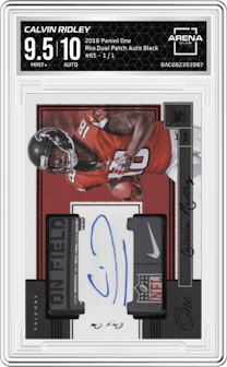 Calvin Ridley from the 2018 Panini One set featuring a Black parallel graded by Arena Club and given an overall grade of 9.5.