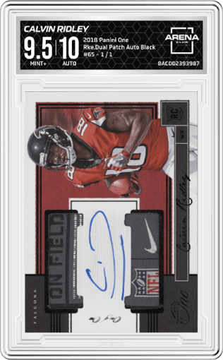 Calvin Ridley from the 2018 Panini One set featuring a Black parallel graded by Arena Club and given an overall grade of 9.5.