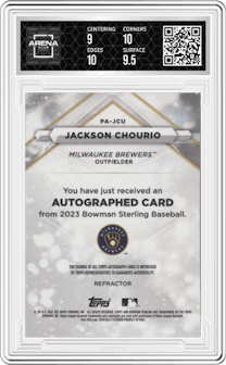 Jackson Chourio from the 2023 Bowman Sterling set featuring a Refractor parallel graded by Arena Club and given an overall grade of 9.5.