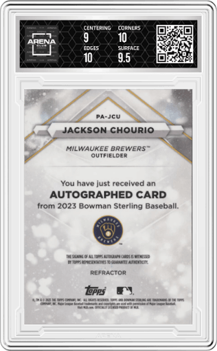 Jackson Chourio from the 2023 Bowman Sterling set featuring a Refractor parallel graded by Arena Club and given an overall grade of 9.5.
