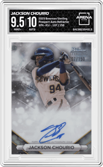 Jackson Chourio from the 2023 Bowman Sterling set featuring a Refractor parallel graded by Arena Club and given an overall grade of 9.5.