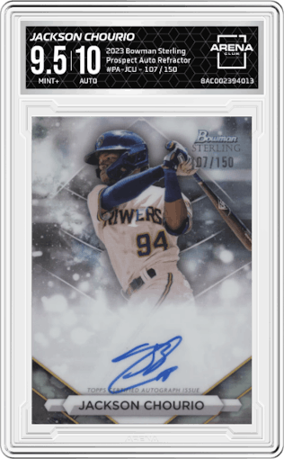 Jackson Chourio from the 2023 Bowman Sterling set featuring a Refractor parallel graded by Arena Club and given an overall grade of 9.5.