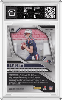 Drake Maye from the 2024 Panini Prizm set featuring a Silver Prizm parallel graded by Arena Club and given an overall grade of 9.5.