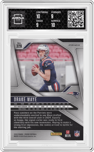Drake Maye from the 2024 Panini Prizm set featuring a Silver Prizm parallel graded by Arena Club and given an overall grade of 9.5.
