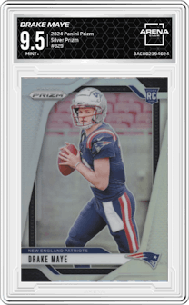 Drake Maye from the 2024 Panini Prizm set featuring a Silver Prizm parallel graded by Arena Club and given an overall grade of 9.5.