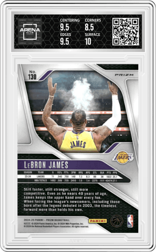 LeBron James from the 2024-25 Panini Prizm set featuring a Silver Prizm parallel graded by Arena Club and given an overall grade of 9.
