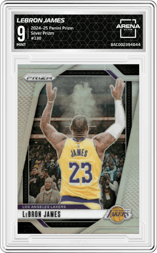 LeBron James from the 2024-25 Panini Prizm set featuring a Silver Prizm parallel graded by Arena Club and given an overall grade of 9.