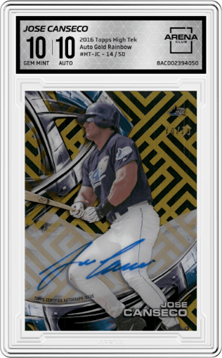Jose Canseco from the 2016 Topps High Tek set featuring a Gold Rainbow parallel graded by Arena Club and given an overall grade of 10.