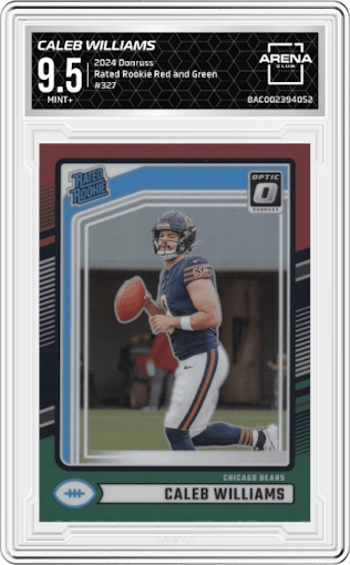 Caleb Williams from the 2024 Donruss set featuring a Red and Green parallel graded by Arena Club and given an overall grade of 9.5.