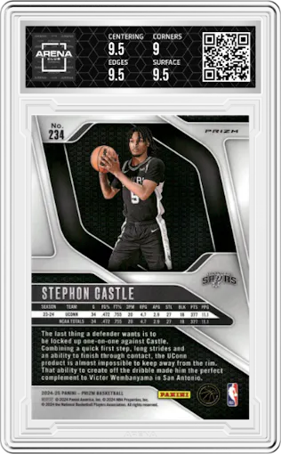 Stephon Castle from the 2024-25 Panini Prizm set featuring a Pink Ice parallel graded by Arena Club and given an overall grade of 9.5.