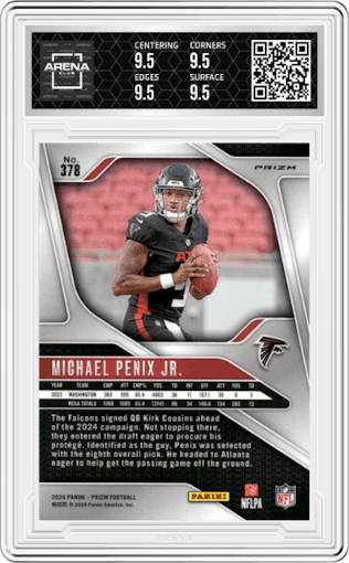 Michael Penix Jr. from the 2024 Panini Prizm set featuring a Red White Blue Prizm parallel graded by Arena Club and given an overall grade of 9.5.