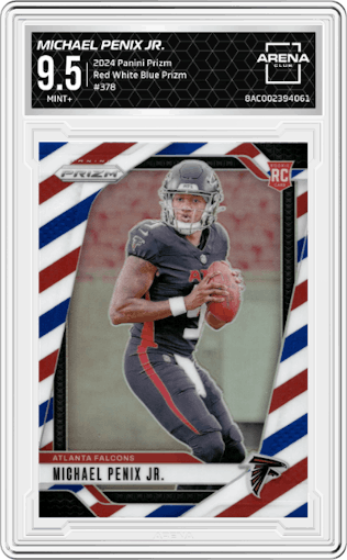 Michael Penix Jr. from the 2024 Panini Prizm set featuring a Red White Blue Prizm parallel graded by Arena Club and given an overall grade of 9.5.