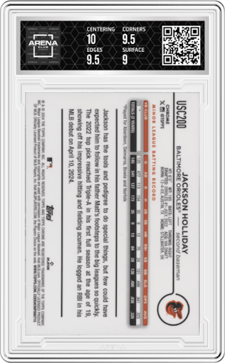 Jackson Holliday from the 2024 Topps Chrome Update set featuring a Magenta Refractor parallel graded by Arena Club and given an overall grade of 9.5.