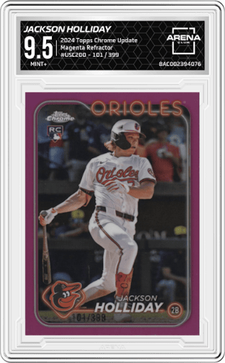 Jackson Holliday from the 2024 Topps Chrome Update set featuring a Magenta Refractor parallel graded by Arena Club and given an overall grade of 9.5.
