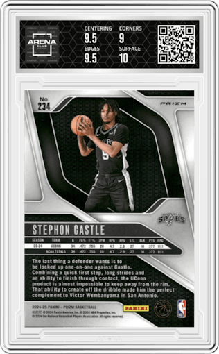 Stephon Castle from the 2024-25 Panini Prizm set featuring a Pink Ice parallel graded by Arena Club and given an overall grade of 9.5.