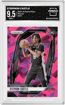 Stephon Castle from the 2024-25 Panini Prizm set featuring a Pink Ice parallel graded by Arena Club and given an overall grade of 9.5.