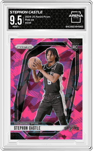 Stephon Castle from the 2024-25 Panini Prizm set featuring a Pink Ice parallel graded by Arena Club and given an overall grade of 9.5.