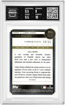 Yadier Molina from the 2022 Topps X Aaron Judge Curated set featuring a Red parallel graded by Arena Club and given an overall grade of 9.5.