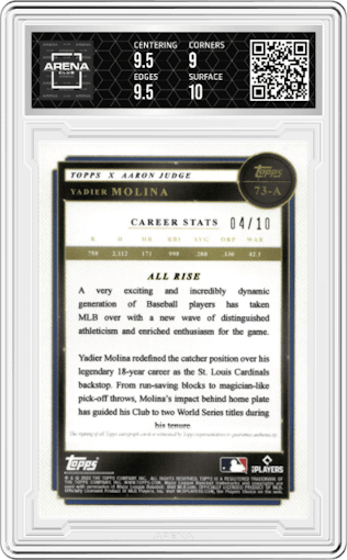 Yadier Molina from the 2022 Topps X Aaron Judge Curated set featuring a Red parallel graded by Arena Club and given an overall grade of 9.5.