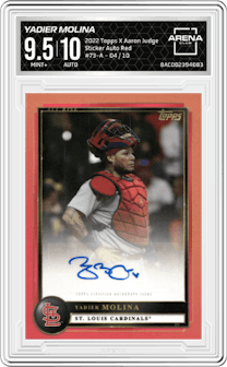Yadier Molina from the 2022 Topps X Aaron Judge Curated set featuring a Red parallel graded by Arena Club and given an overall grade of 9.5.