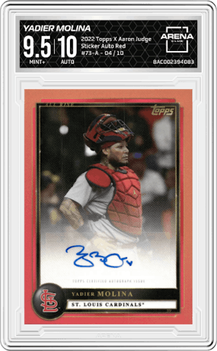 Yadier Molina from the 2022 Topps X Aaron Judge Curated set featuring a Red parallel graded by Arena Club and given an overall grade of 9.5.