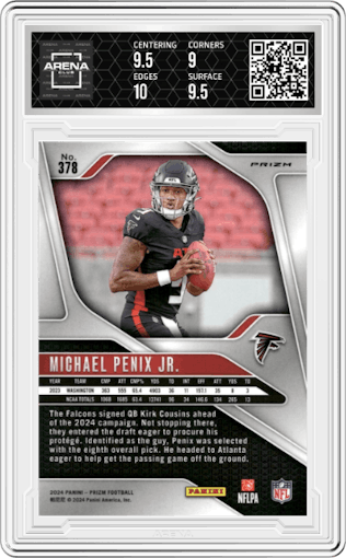 Michael Penix Jr. from the 2024 Panini Prizm set featuring a Red/White/Blue Prizm parallel graded by Arena Club and given an overall grade of 9.5.