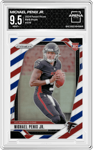 Michael Penix Jr. from the 2024 Panini Prizm set featuring a Red/White/Blue Prizm parallel graded by Arena Club and given an overall grade of 9.5.