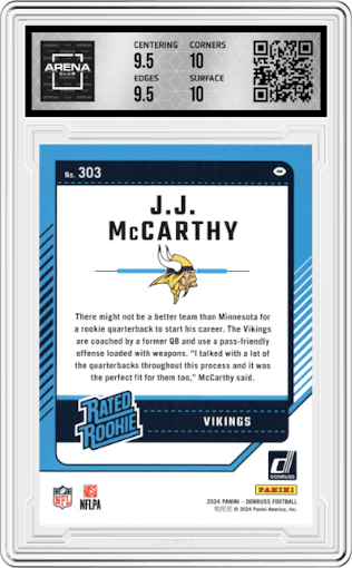 J.J. McCarthy from the 2024 Donruss set graded by Arena Club and given an overall grade of 10.