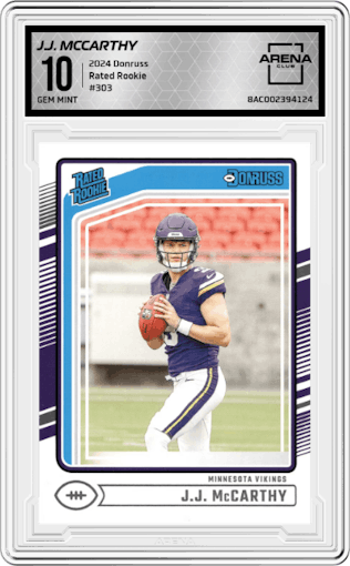 J.J. McCarthy from the 2024 Donruss set graded by Arena Club and given an overall grade of 10.