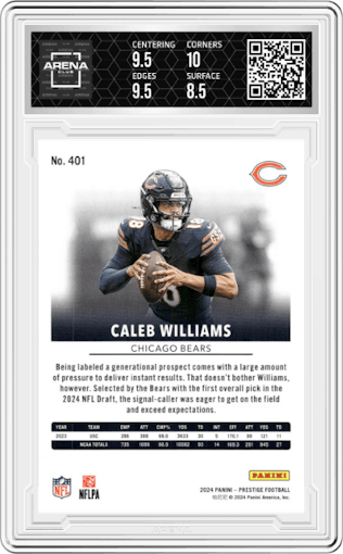 Caleb Williams from the 2024 Panini Prestige  set graded by Arena Club and given an overall grade of 9.