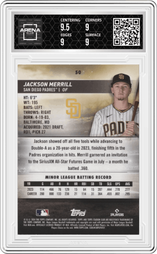 Jackson Merrill from the 2024 Topps Stadium Club set graded by Arena Club and given an overall grade of 9.