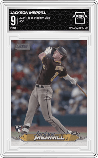 Jackson Merrill from the 2024 Topps Stadium Club set graded by Arena Club and given an overall grade of 9.