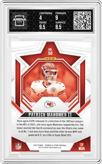 Patrick Mahomes II from the 2023 Panini Rookies & Stars set graded by Arena Club and given an overall grade of 4.5.