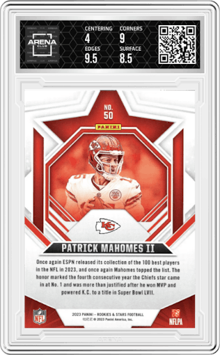 Patrick Mahomes II from the 2023 Panini Rookies & Stars set graded by Arena Club and given an overall grade of 4.5.